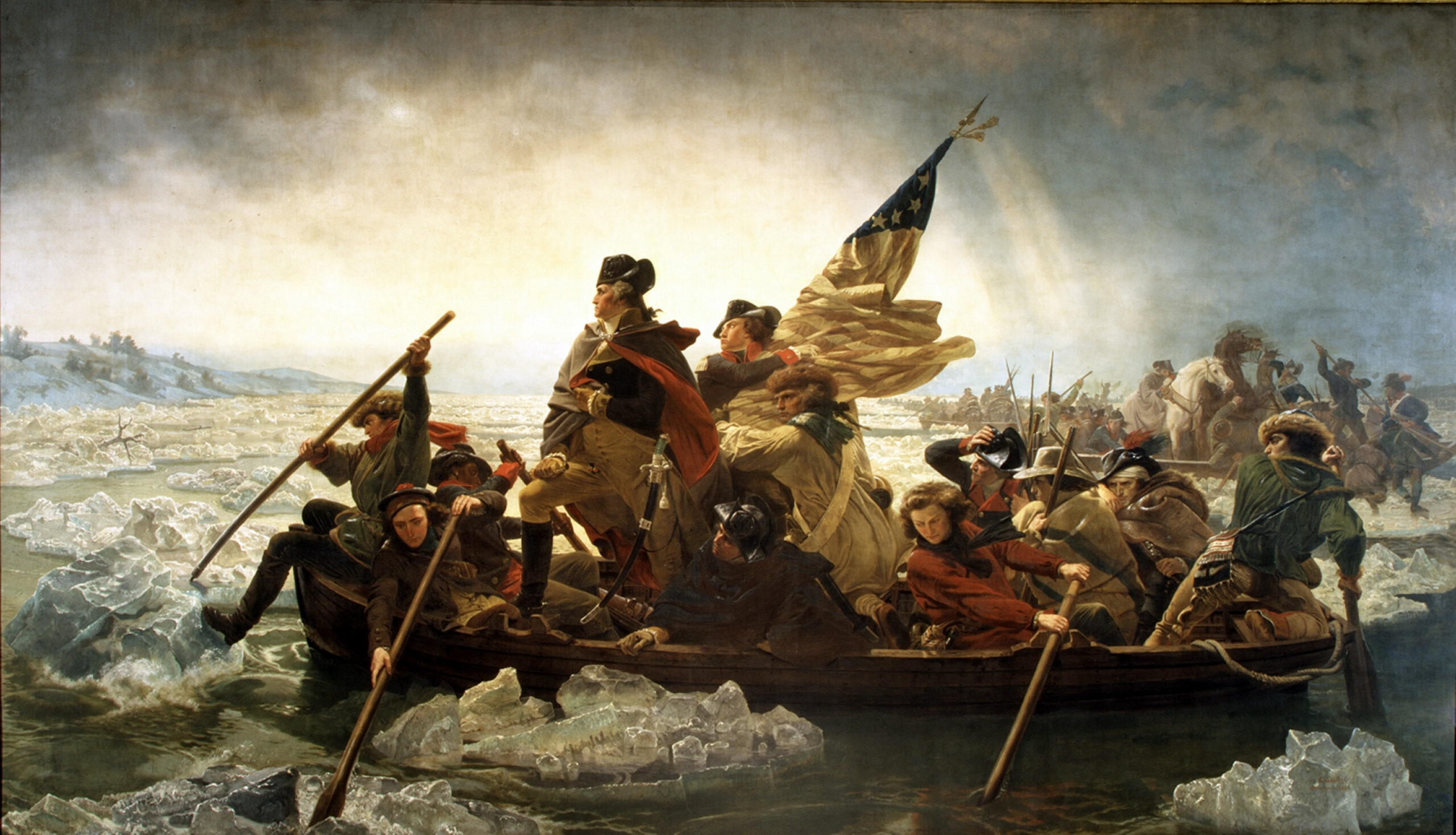 Washington Crossing the Delaware (1851) - oil-on-canvas painting of General George Washington standing in the prow of a boat crossing the Delaware River with the Continental Army.